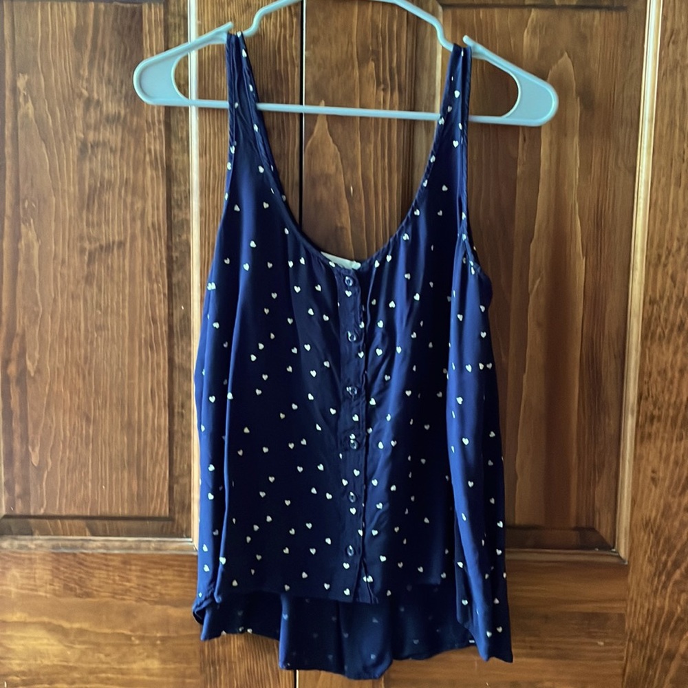 Urban Outfitters navy with white heart print button down sleeveless blouse Large